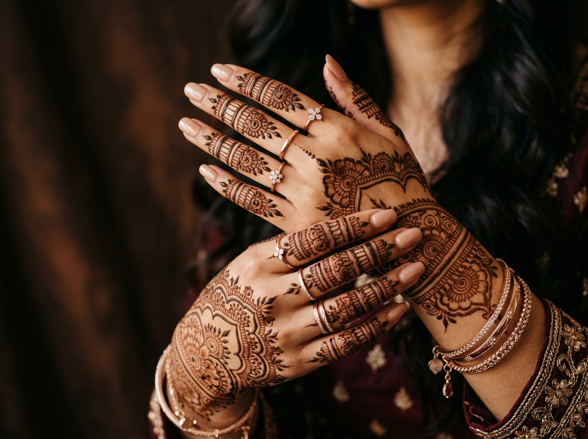 Intricate henna mehendi detailing on hands